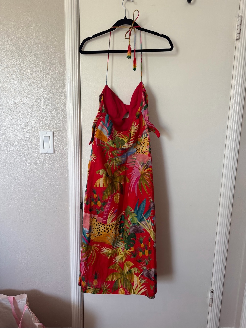 FARM Rio Red Tropical Halter Midi Dress with Green & Yellow Accents - Picture 3 of 6